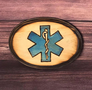 Star of Life Wood burning and Watercolor 5 x 7 inch oval