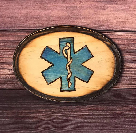 Star of Life Wood burning and Watercolor 5 x 7 inch oval