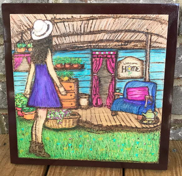 Story book girl Woodburning (pyrography), watercolor and colored pencil. 11.5 inch square with frame