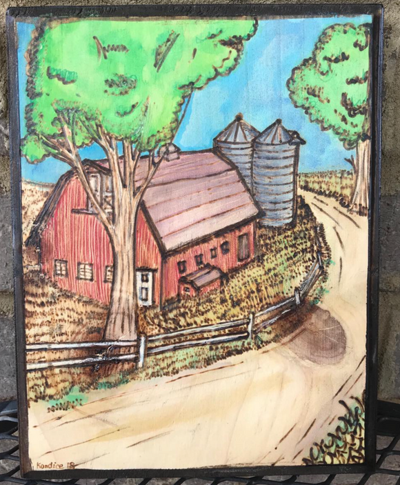 Barn scene woodburning and watercolor wall art 7 x 9 x .75 inches