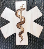 Star of life 10.25 inch wood cutout pyrography design.